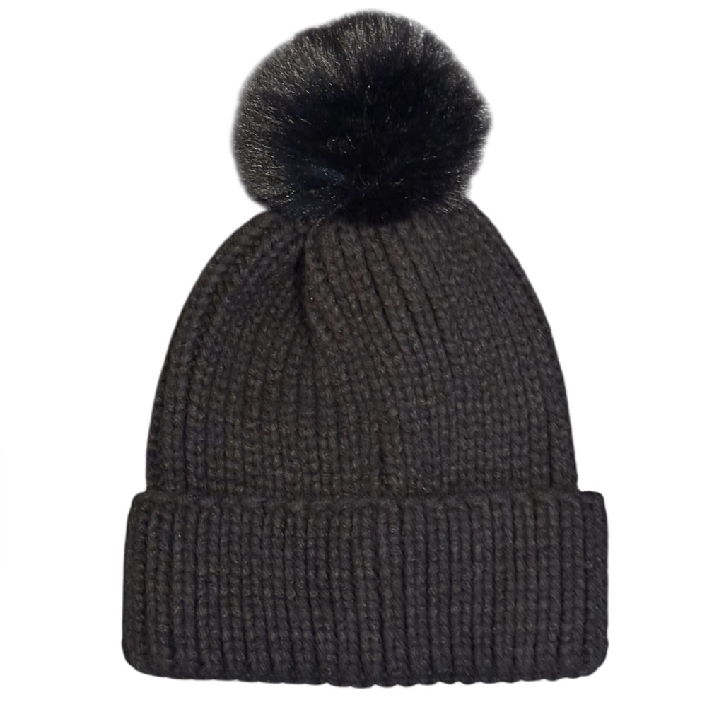 Steve Madden beanie knit faux fur pom women's hat black